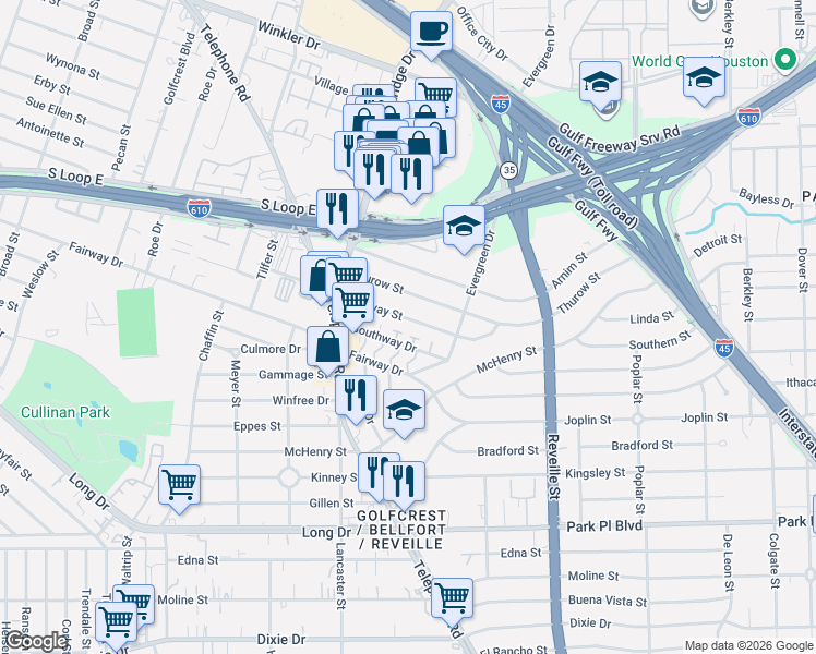 map of restaurants, bars, coffee shops, grocery stores, and more near 7359 Briefway Street in Houston