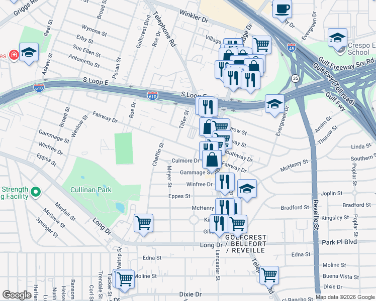 map of restaurants, bars, coffee shops, grocery stores, and more near 7127 Fairway Drive in Houston