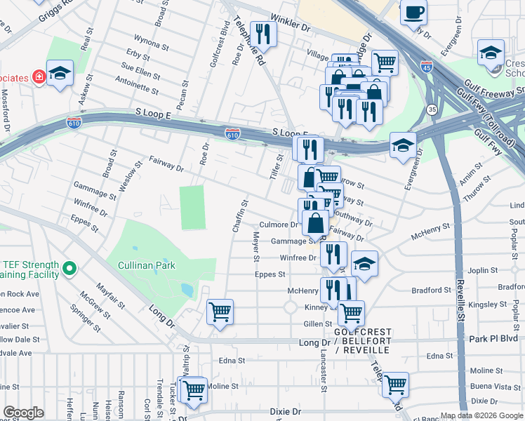 map of restaurants, bars, coffee shops, grocery stores, and more near 7018 Fairway Drive in Houston