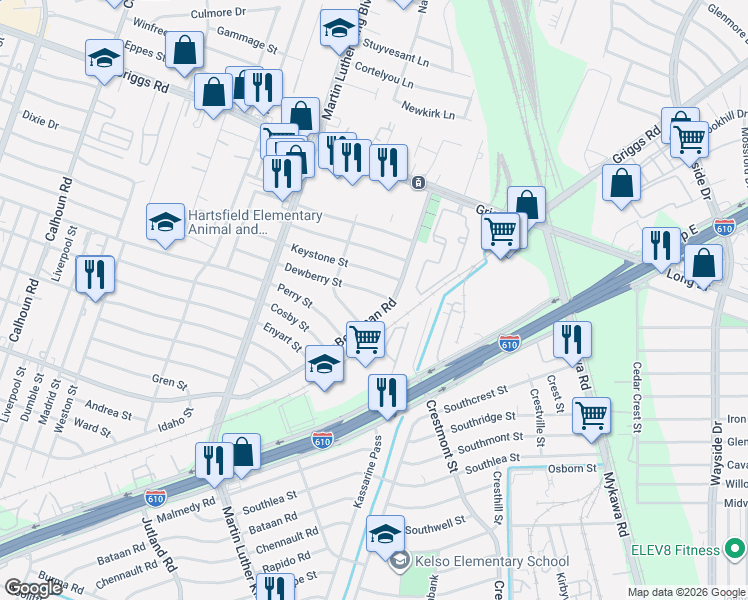 map of restaurants, bars, coffee shops, grocery stores, and more near 5339 Dewberry Street in Houston