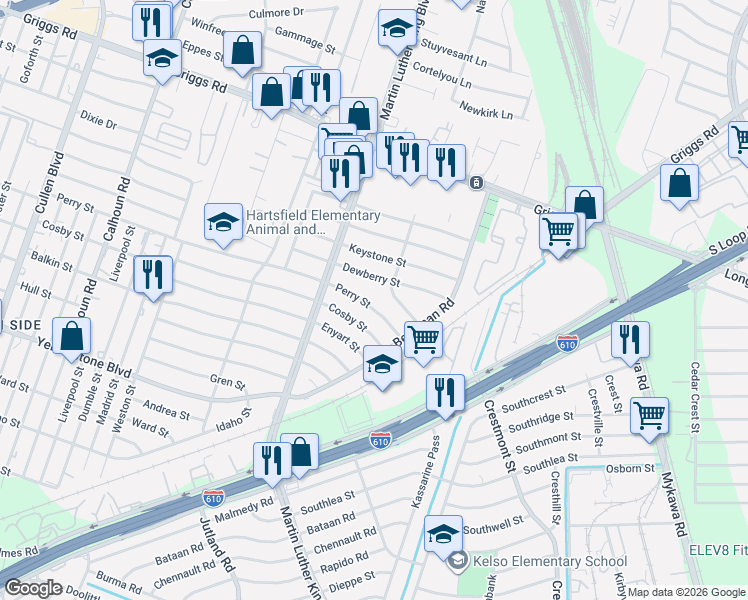 map of restaurants, bars, coffee shops, grocery stores, and more near 5235 Perry Street in Houston