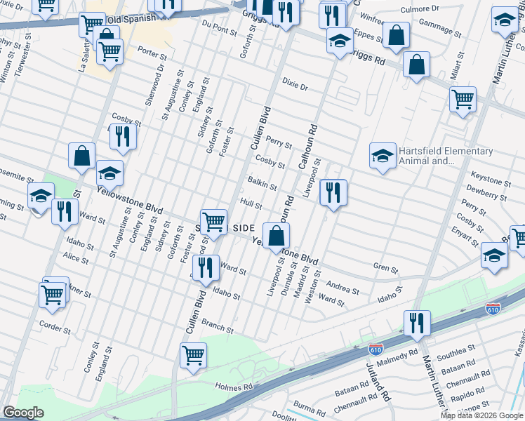 map of restaurants, bars, coffee shops, grocery stores, and more near 6531 New York Street in Houston