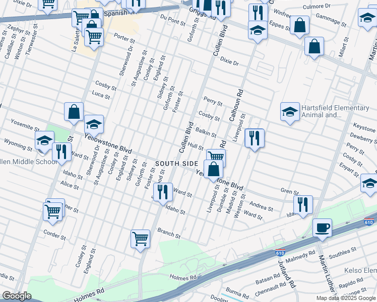 map of restaurants, bars, coffee shops, grocery stores, and more near 6607 Cullen Boulevard in Houston