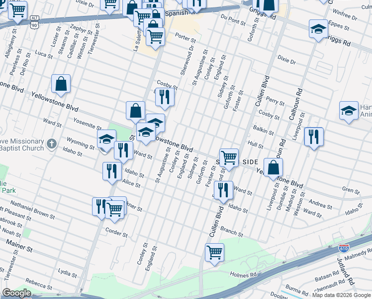 map of restaurants, bars, coffee shops, grocery stores, and more near 6633 England Street in Houston