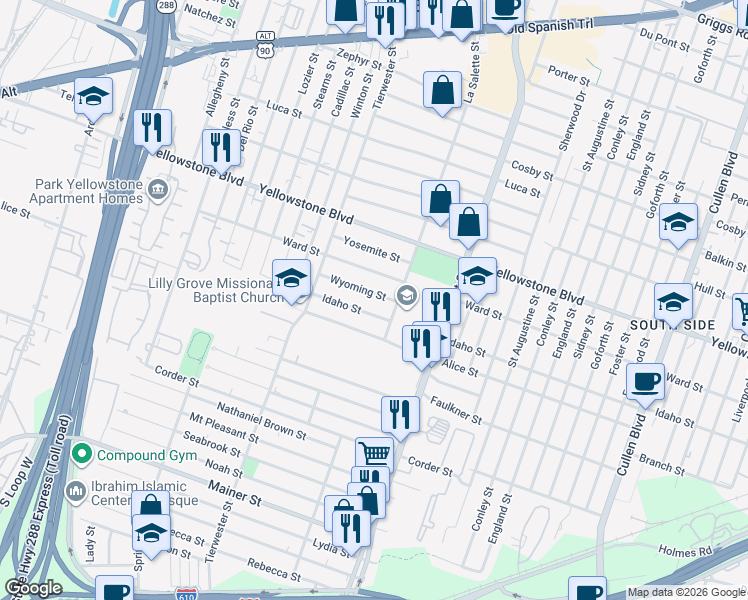 map of restaurants, bars, coffee shops, grocery stores, and more near 3719 Wyoming Street in Houston