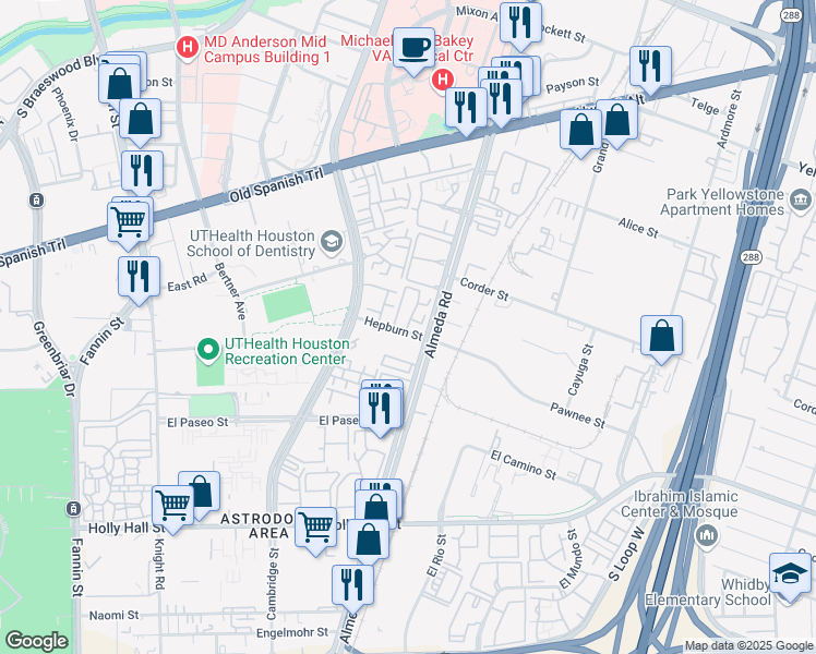map of restaurants, bars, coffee shops, grocery stores, and more near 2121 Hepburn Street in Houston