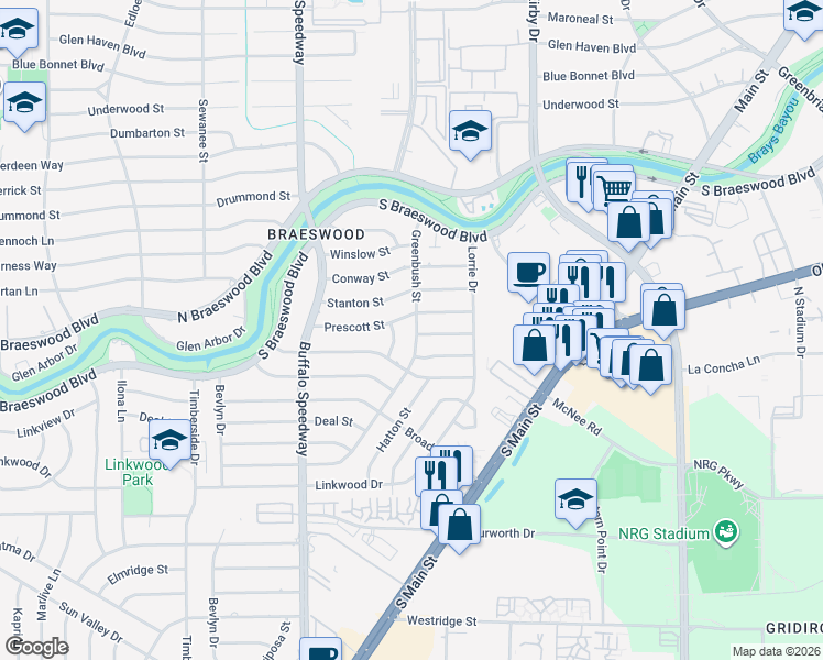 map of restaurants, bars, coffee shops, grocery stores, and more near 2915 Prescott Street in Houston