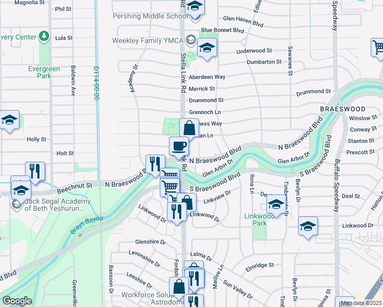 map of restaurants, bars, coffee shops, grocery stores, and more near 8429 Stella Link Road in Houston