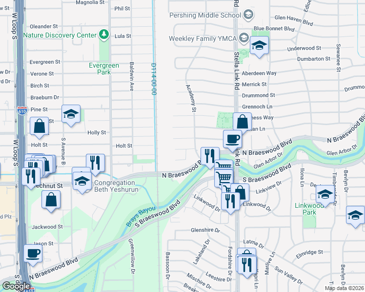 map of restaurants, bars, coffee shops, grocery stores, and more near 4123 Falkirk Lane in Houston