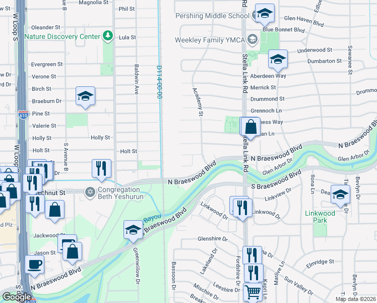 map of restaurants, bars, coffee shops, grocery stores, and more near 4123 Falkirk Lane in Houston