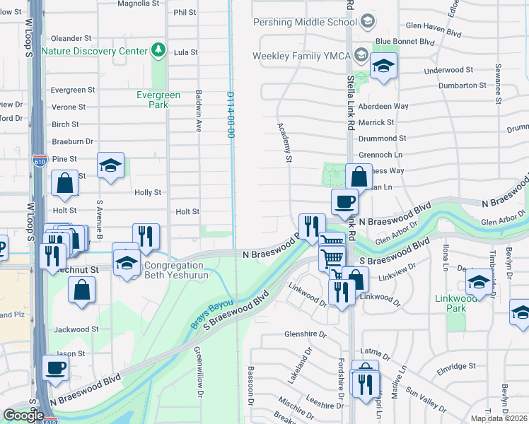 map of restaurants, bars, coffee shops, grocery stores, and more near 4123 Falkirk Lane in Houston