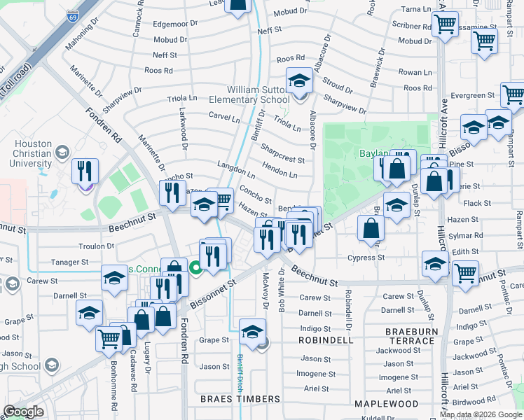 map of restaurants, bars, coffee shops, grocery stores, and more near 6801 Concho Street in Houston