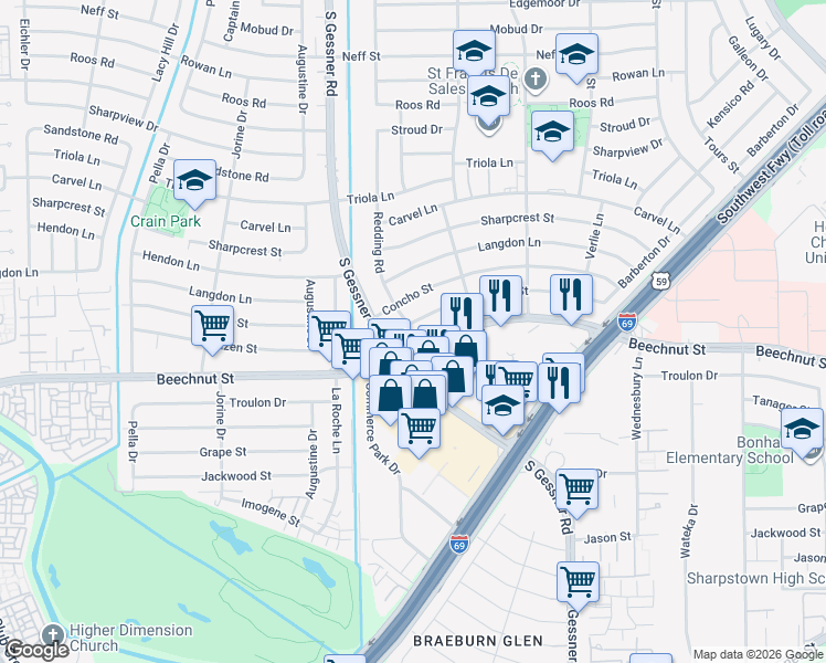 map of restaurants, bars, coffee shops, grocery stores, and more near 8522 Hazen Street in Houston
