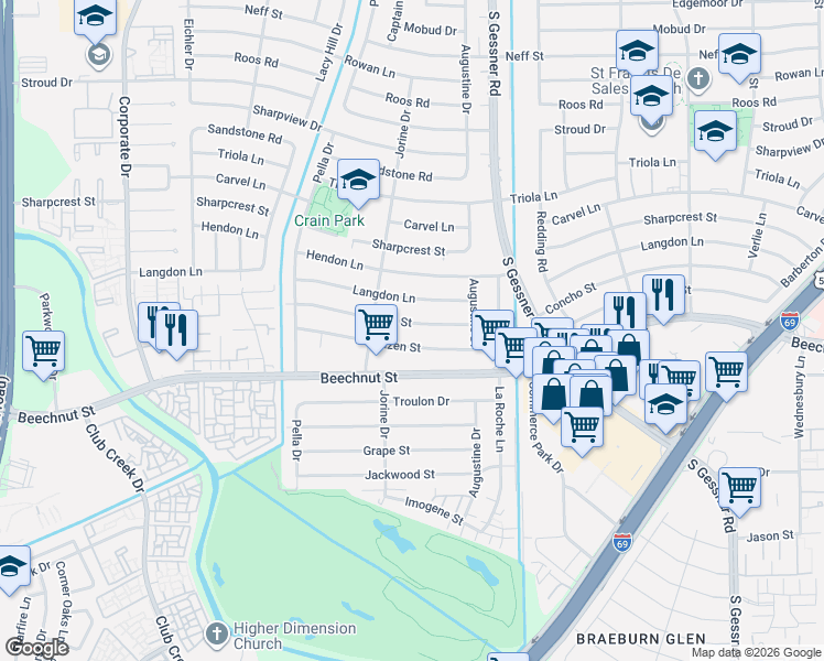 map of restaurants, bars, coffee shops, grocery stores, and more near 8914 Concho Street in Houston