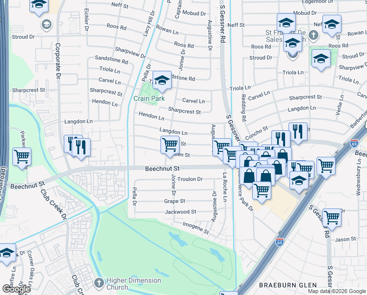 map of restaurants, bars, coffee shops, grocery stores, and more near 8914 Concho Street in Houston