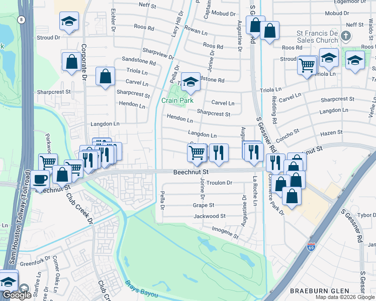 map of restaurants, bars, coffee shops, grocery stores, and more near 9023 Concho Street in Houston