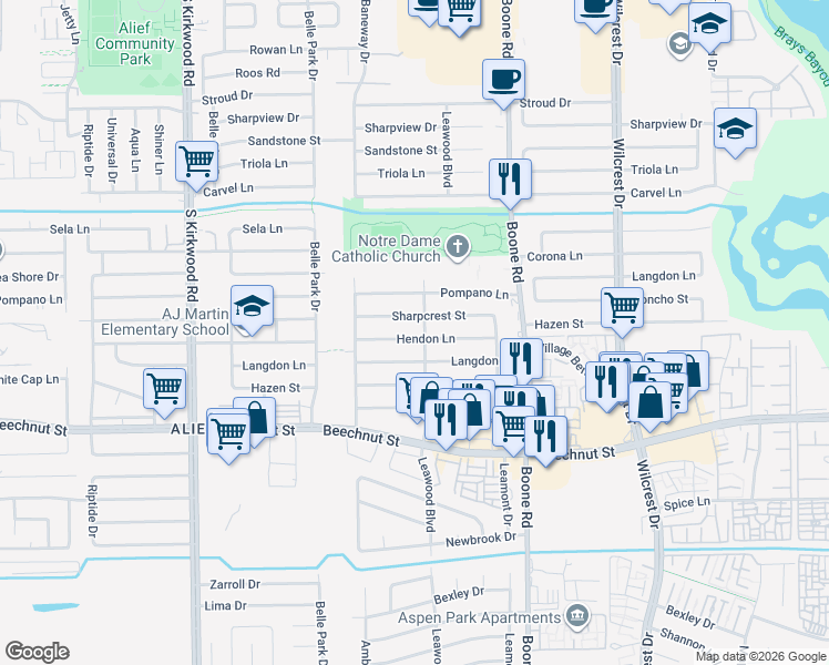 map of restaurants, bars, coffee shops, grocery stores, and more near 11255 Sharpcrest Street in Houston