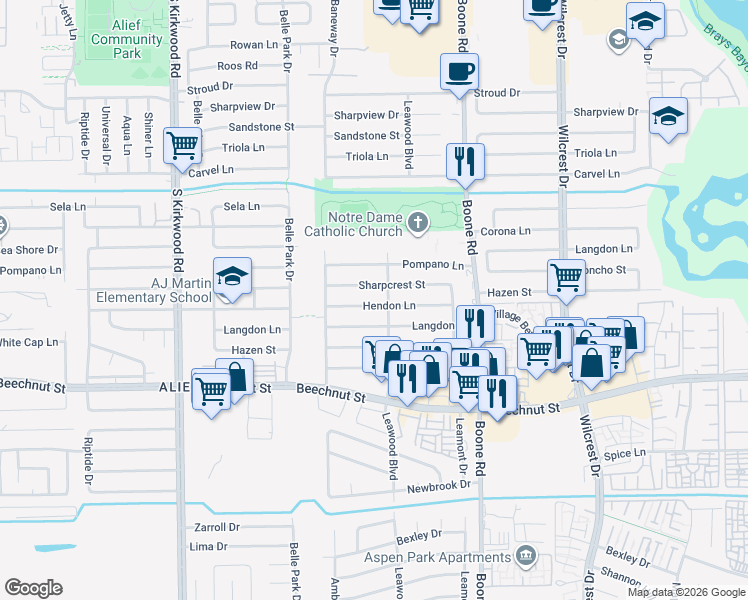 map of restaurants, bars, coffee shops, grocery stores, and more near 11255 Sharpcrest Street in Houston
