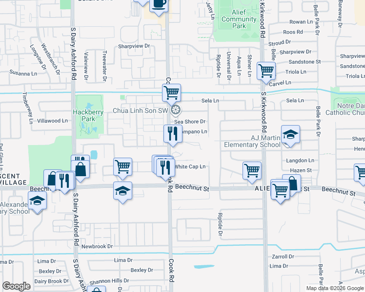 map of restaurants, bars, coffee shops, grocery stores, and more near 7783 Cook Road in Houston