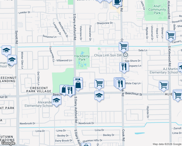map of restaurants, bars, coffee shops, grocery stores, and more near 12518 Ashford River in Houston