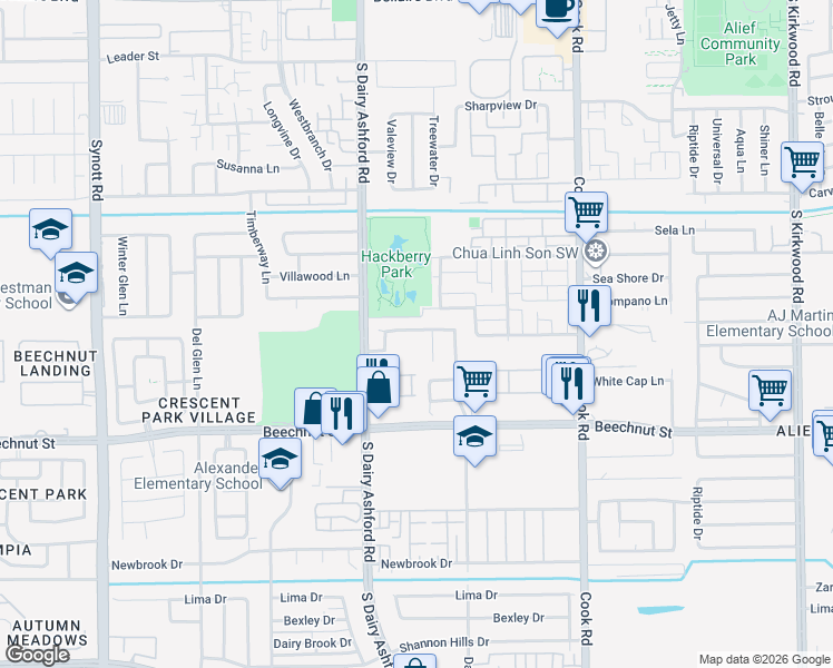 map of restaurants, bars, coffee shops, grocery stores, and more near 12610 Ashford River in Houston