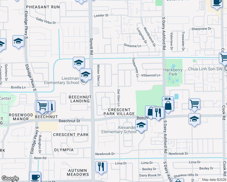 map of restaurants, bars, coffee shops, grocery stores, and more near 13003 Wilde Glen Lane in Houston
