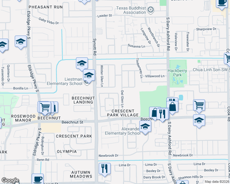 map of restaurants, bars, coffee shops, grocery stores, and more near 13003 Wilde Glen Lane in Houston