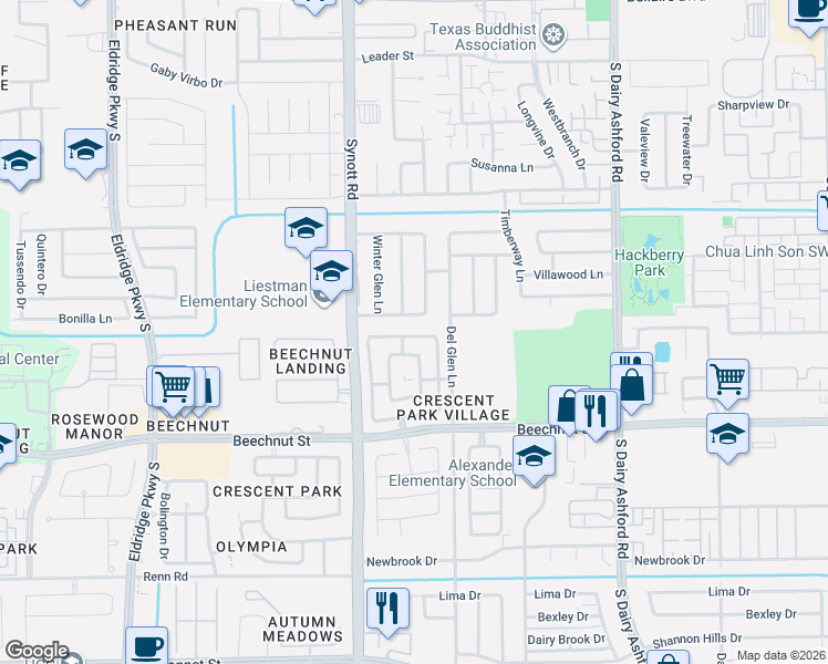 map of restaurants, bars, coffee shops, grocery stores, and more near 13003 Wilde Glen Lane in Houston