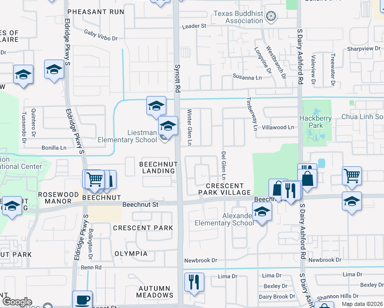 map of restaurants, bars, coffee shops, grocery stores, and more near 13107 Wilde Glen Lane in Houston