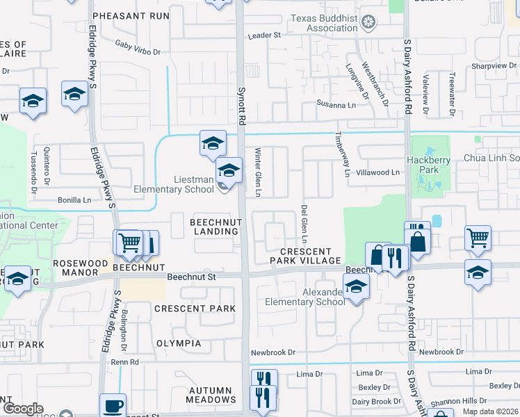 map of restaurants, bars, coffee shops, grocery stores, and more near 13107 Wilde Glen Lane in Houston