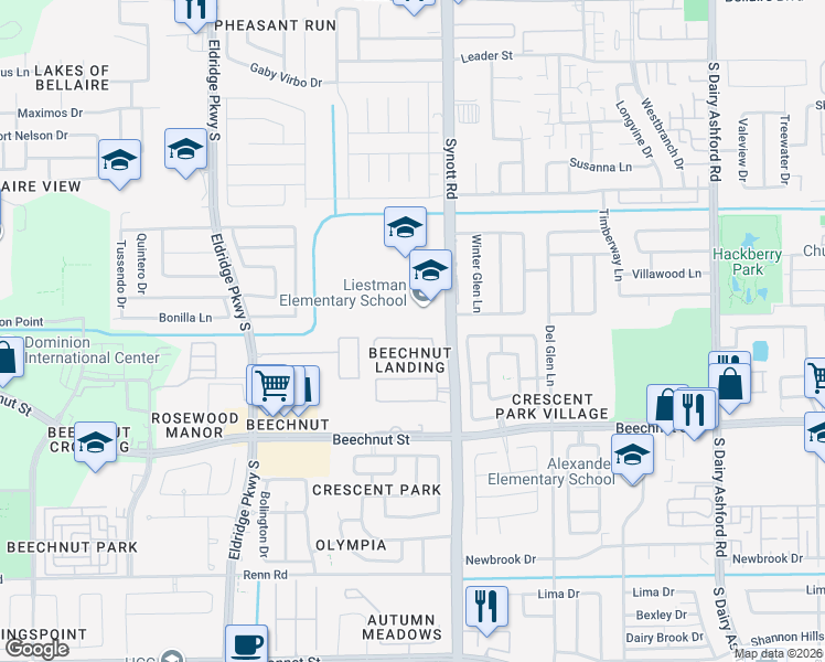 map of restaurants, bars, coffee shops, grocery stores, and more near 7610 Synott Road in Houston