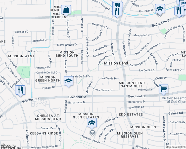 map of restaurants, bars, coffee shops, grocery stores, and more near 16107 Camino Del Sol Drive in Houston