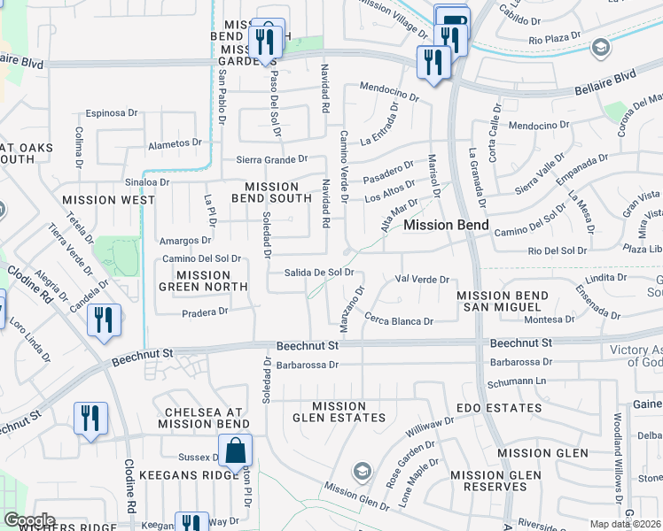 map of restaurants, bars, coffee shops, grocery stores, and more near 7514 Camino Verde Drive in Houston