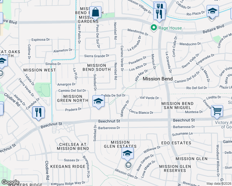 map of restaurants, bars, coffee shops, grocery stores, and more near 7514 Camino Verde Drive in Houston