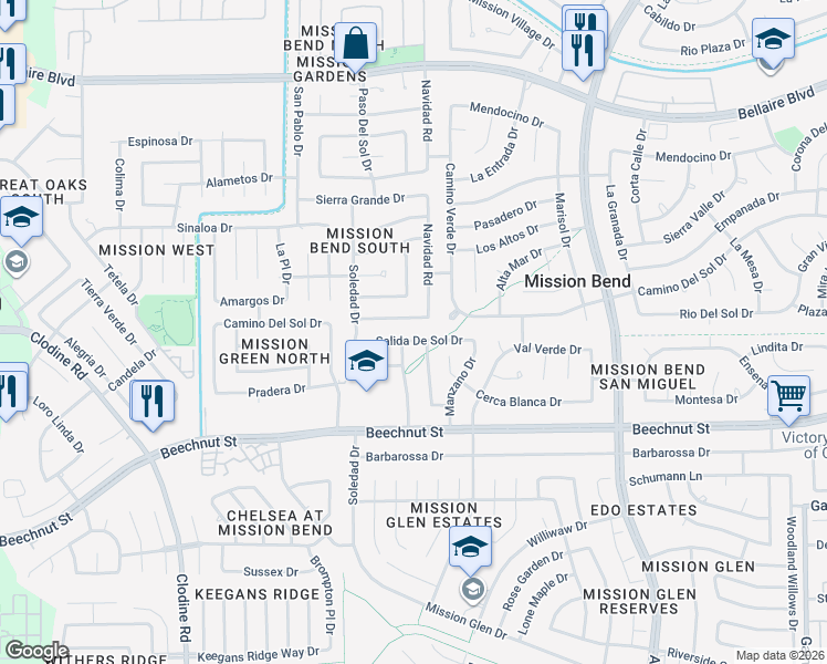 map of restaurants, bars, coffee shops, grocery stores, and more near 16215 Camino Del Sol Drive in Houston
