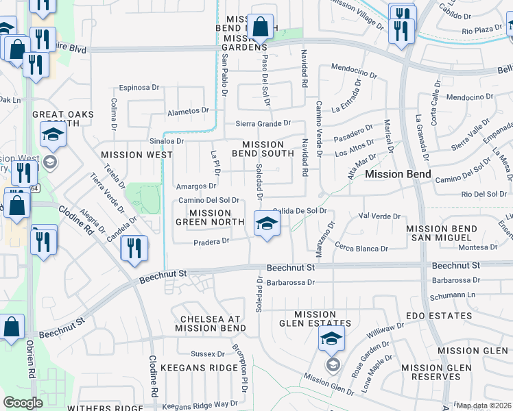 map of restaurants, bars, coffee shops, grocery stores, and more near 16306 Camino Del Sol Drive in Houston