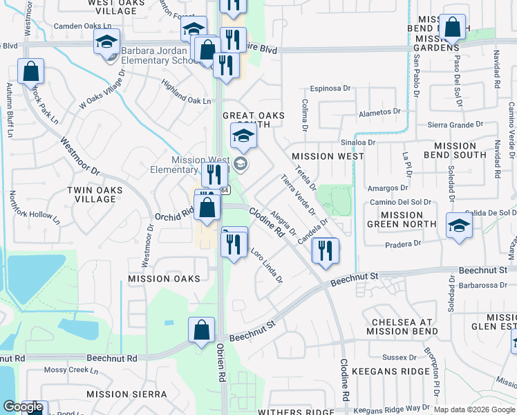 map of restaurants, bars, coffee shops, grocery stores, and more near 17108 Pastoria Drive in Houston