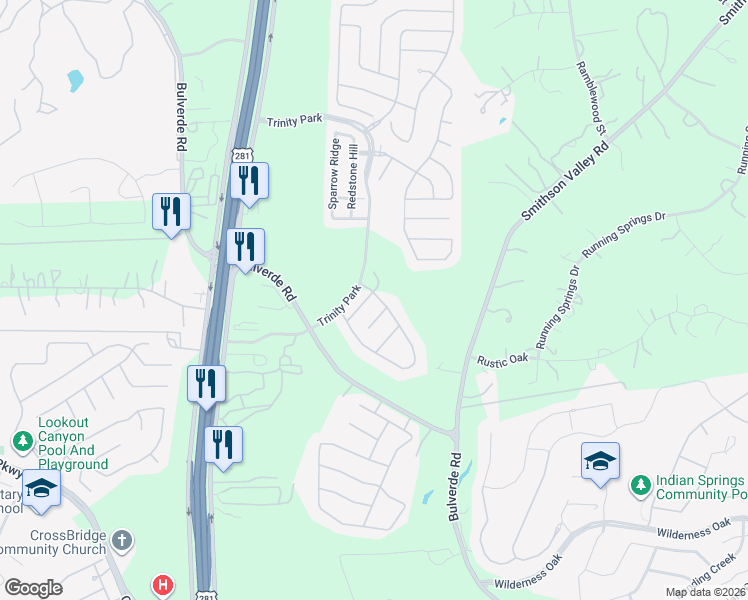 map of restaurants, bars, coffee shops, grocery stores, and more near 26327 Tuscan Park in San Antonio