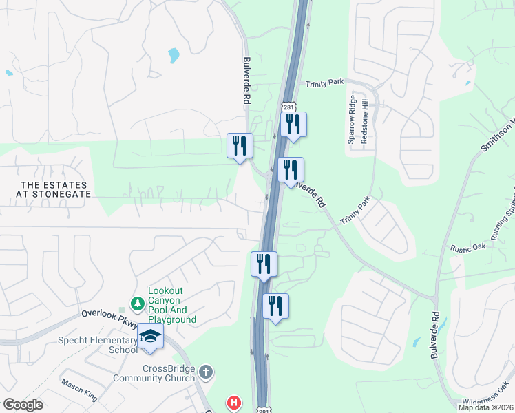 map of restaurants, bars, coffee shops, grocery stores, and more near 2367 Estate Gate Drive in San Antonio