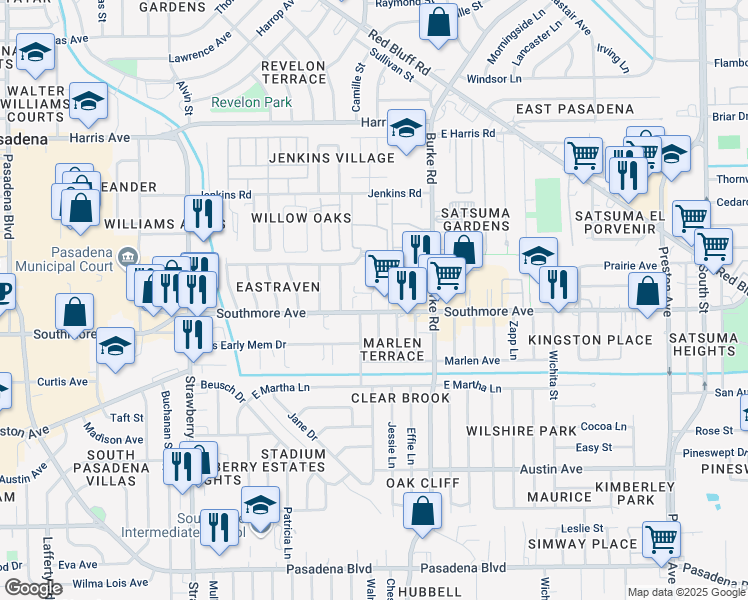 map of restaurants, bars, coffee shops, grocery stores, and more near 1911 Southmore Avenue in Pasadena