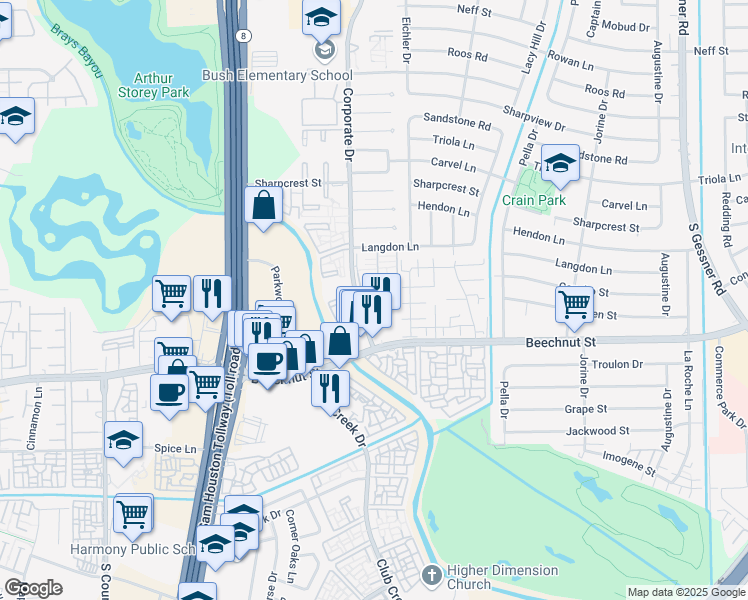 map of restaurants, bars, coffee shops, grocery stores, and more near 9510 Corporate Drive in Houston