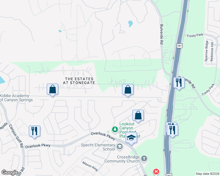 map of restaurants, bars, coffee shops, grocery stores, and more near 2310 Estate Gate Drive in San Antonio