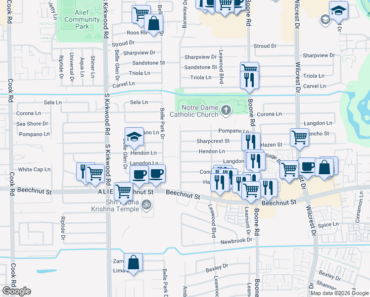 map of restaurants, bars, coffee shops, grocery stores, and more near 7902 Baneway Drive in Houston