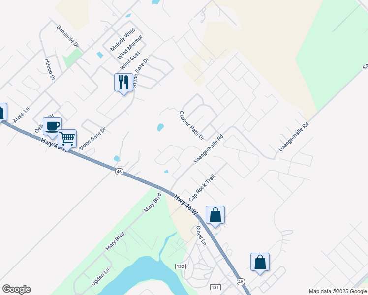 map of restaurants, bars, coffee shops, grocery stores, and more near 1376 Copper Path Drive in New Braunfels