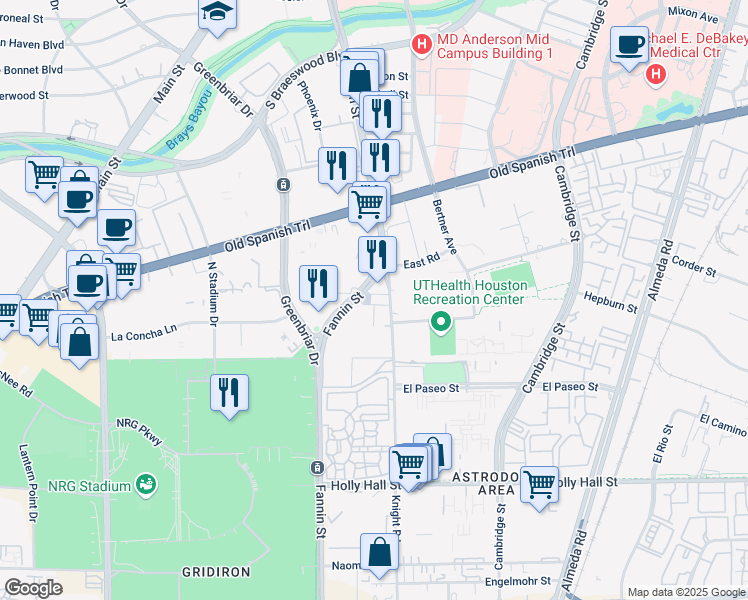 map of restaurants, bars, coffee shops, grocery stores, and more near 7505 Fannin Street in Houston