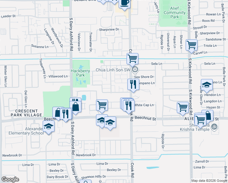 map of restaurants, bars, coffee shops, grocery stores, and more near 7829 Pacific Pearl Street in Houston