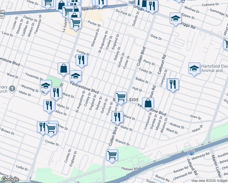 map of restaurants, bars, coffee shops, grocery stores, and more near 6614 Goforth Street in Houston