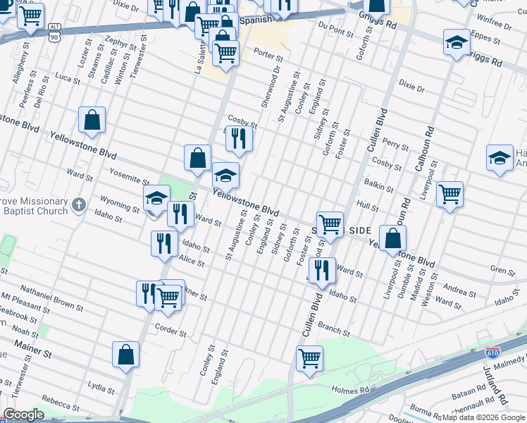 map of restaurants, bars, coffee shops, grocery stores, and more near 4114 Yellowstone Boulevard in Houston