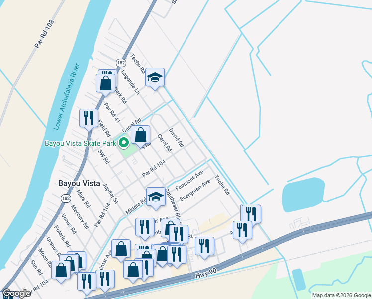 map of restaurants, bars, coffee shops, grocery stores, and more near 1810 Par Road 104 in Morgan City