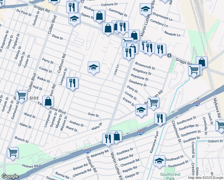 map of restaurants, bars, coffee shops, grocery stores, and more near 5139 Cosby Street in Houston